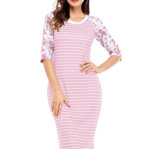 Lovely Fashion Pink White Stripe Floral Bodycon Style A-Line Medium Dress